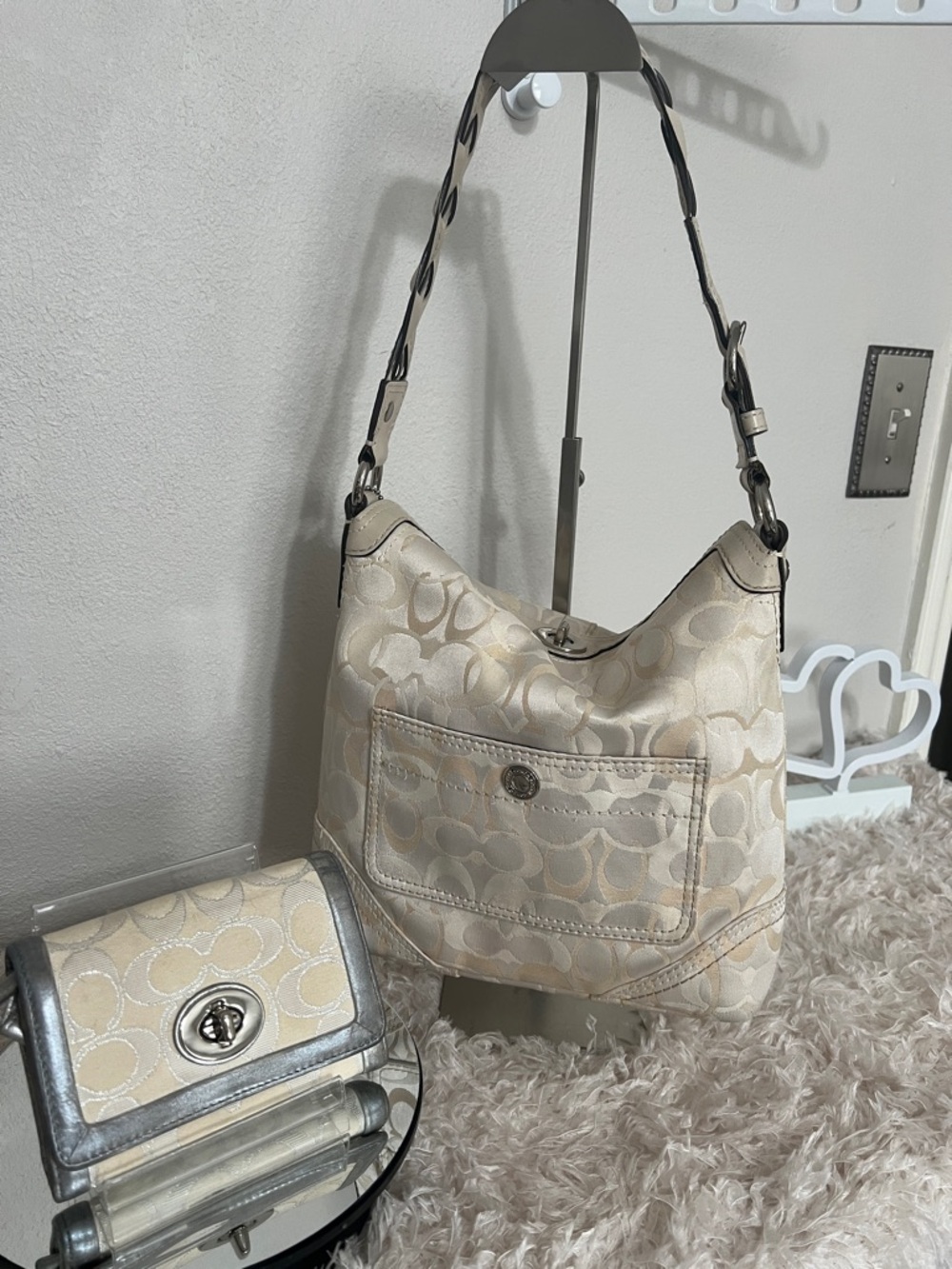 Coach Cream Signature Folding Top Chelsea Hobo Shoulder Bag with Matching Wallet